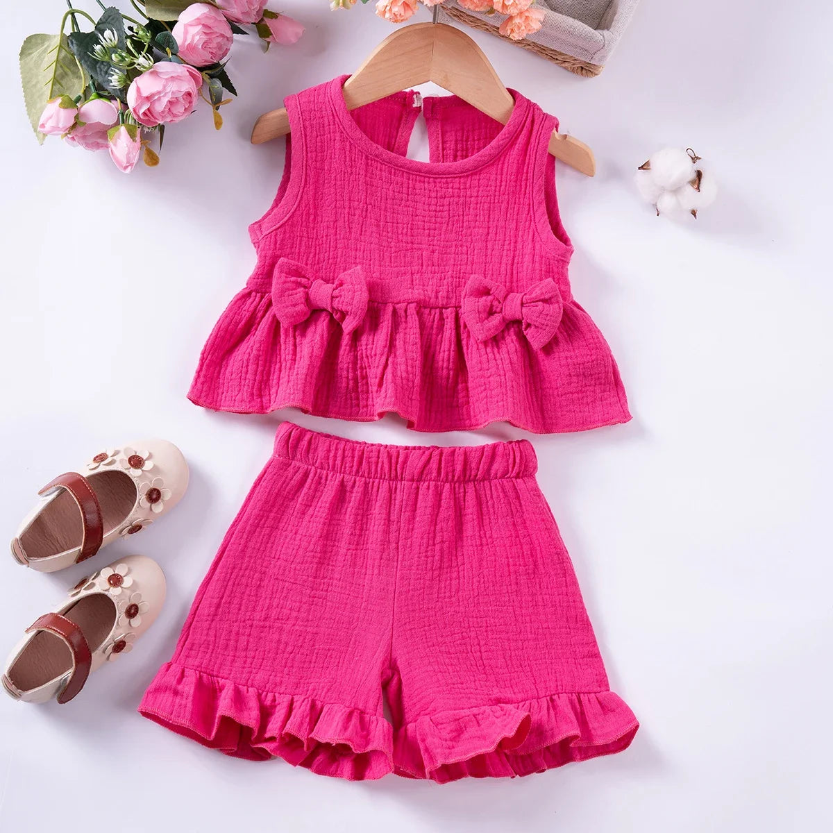 Cute Sleeveless Top Solid Color Shorts 2pcs Summer Girls Bow Tank Top Ruffle Shorts Cotton Comfort Fashion Set 0-5Y