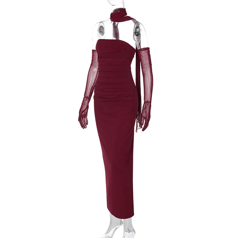 DGLUKE Elegant Strapless Long Dresses Woman Summer 2025 Sexy Ruched Bodycon Maxi Dress Burgundy Evening Party Dress With Gloves