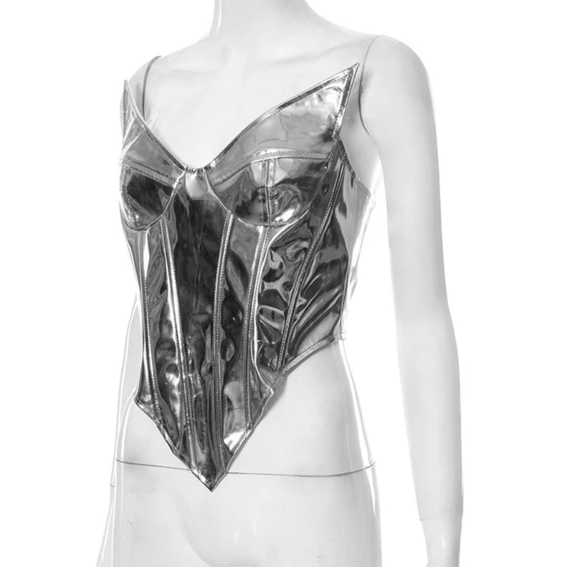 Elegant PU Leather Strapless Top with Golden Accents Sexy Camisole Sleeveless Top Suitable for Various Occasion