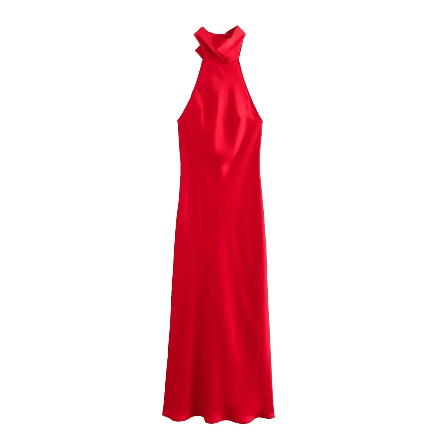 TRAFZA Vintage Casual Chic Solid Women Dress Halter Zipper Beach Long Dress Fashion 2024 Autumn Winter Boho Party Female Dress