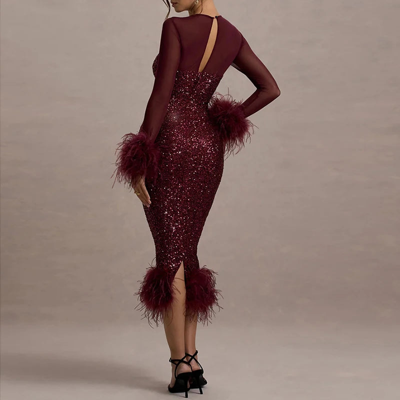 Spring Sequin Patchwork Mesh Party Dresses Women Sexy O Neck Button Hollow Long Dress Autumn Long Sleeve Feather Slim Hip Dress