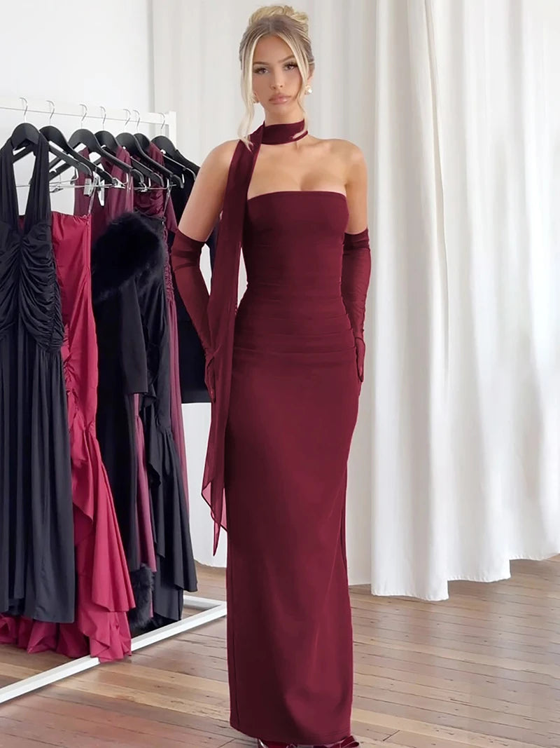 DGLUKE Elegant Strapless Long Dresses Woman Summer 2025 Sexy Ruched Bodycon Maxi Dress Burgundy Evening Party Dress With Gloves