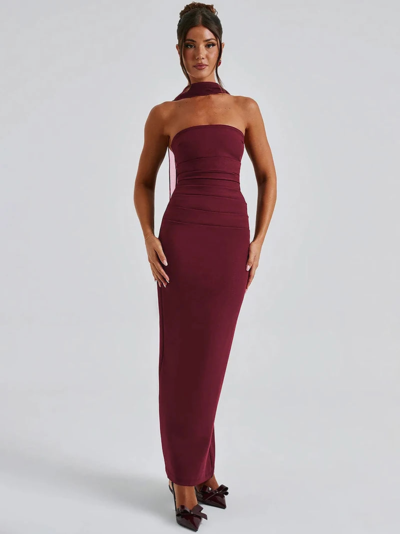 DGLUKE Elegant Strapless Long Dresses Woman Summer 2025 Sexy Ruched Bodycon Maxi Dress Burgundy Evening Party Dress With Gloves