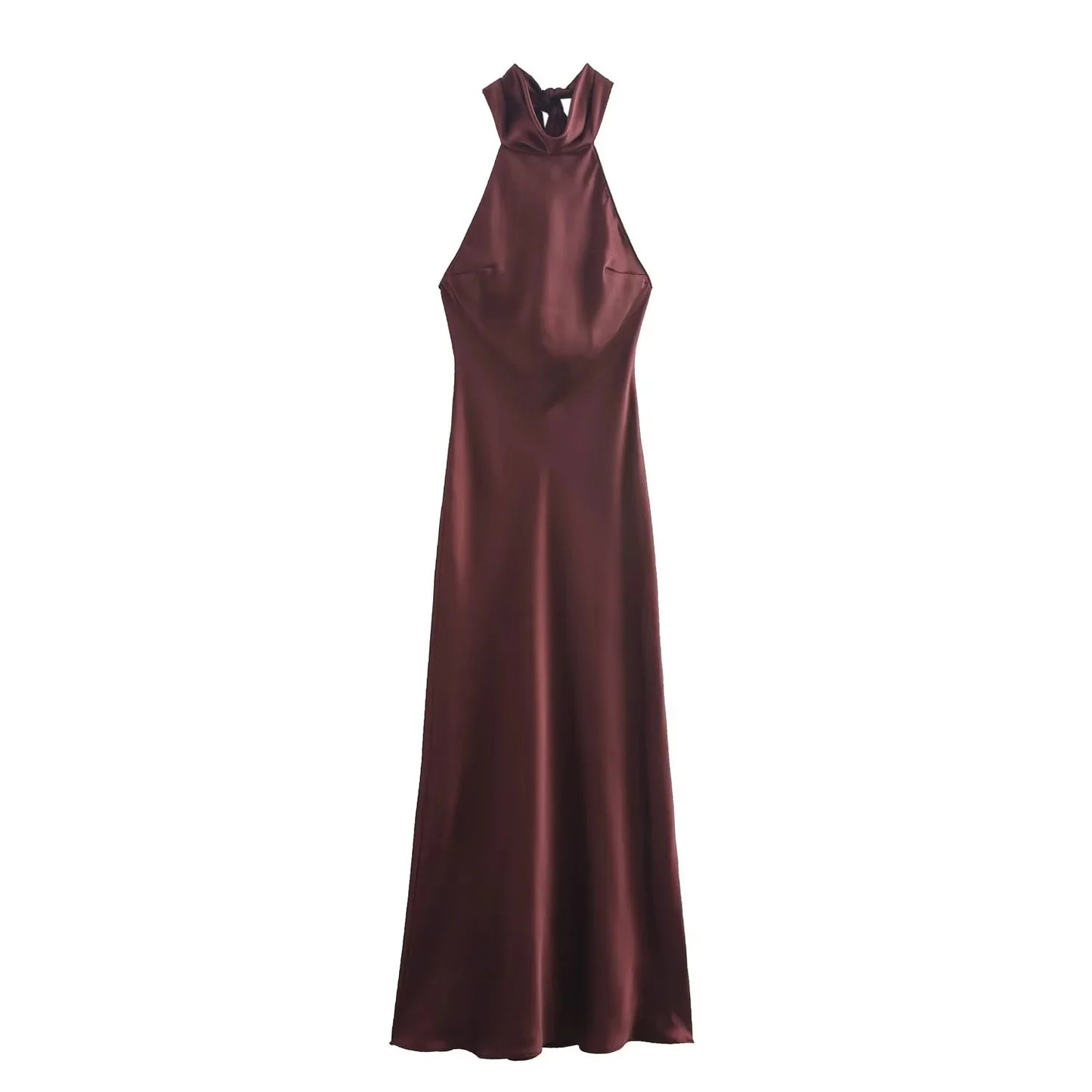 TRAFZA Vintage Casual Chic Solid Women Dress Halter Zipper Beach Long Dress Fashion 2024 Autumn Winter Boho Party Female Dress