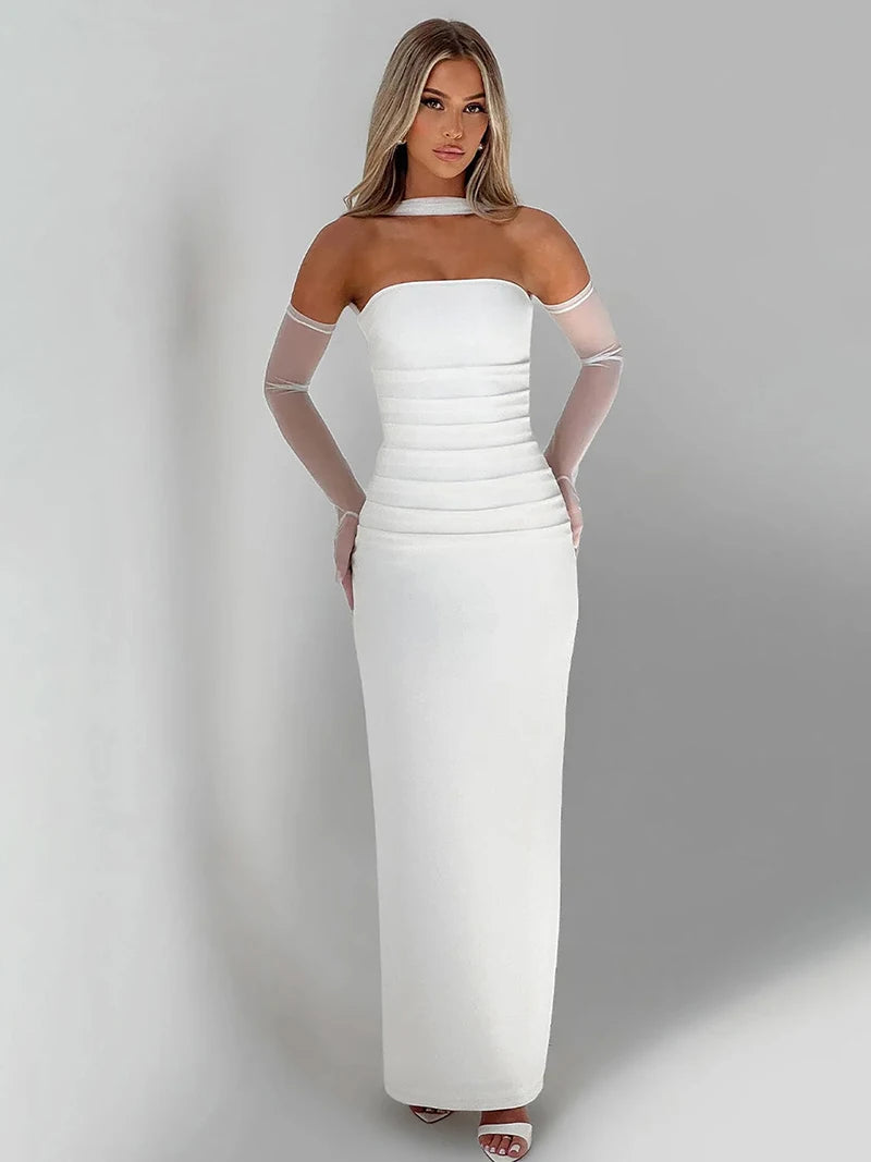 DGLUKE Elegant Strapless Long Dresses Woman Summer 2025 Sexy Ruched Bodycon Maxi Dress Burgundy Evening Party Dress With Gloves