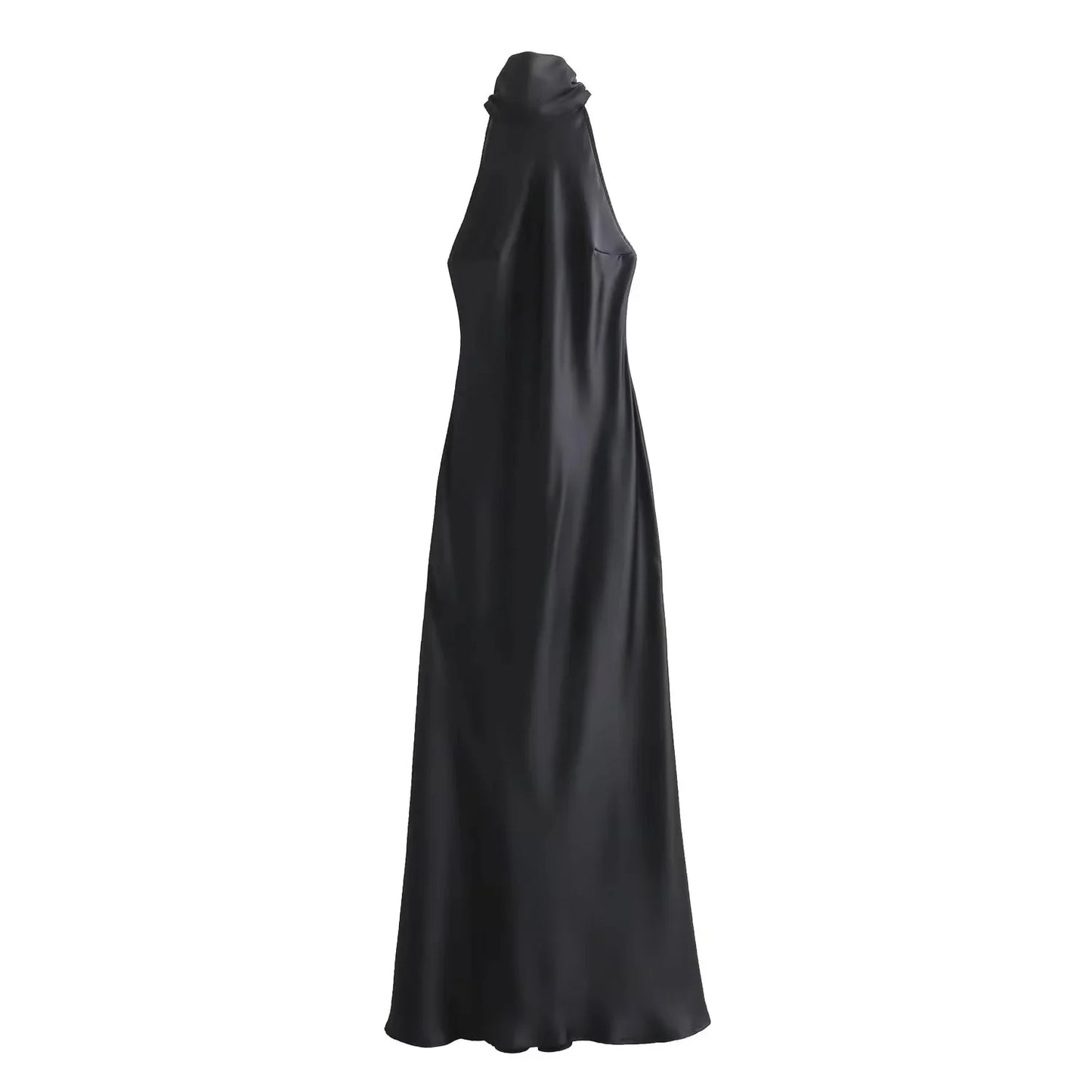 TRAFZA Vintage Casual Chic Solid Women Dress Halter Zipper Beach Long Dress Fashion 2024 Autumn Winter Boho Party Female Dress