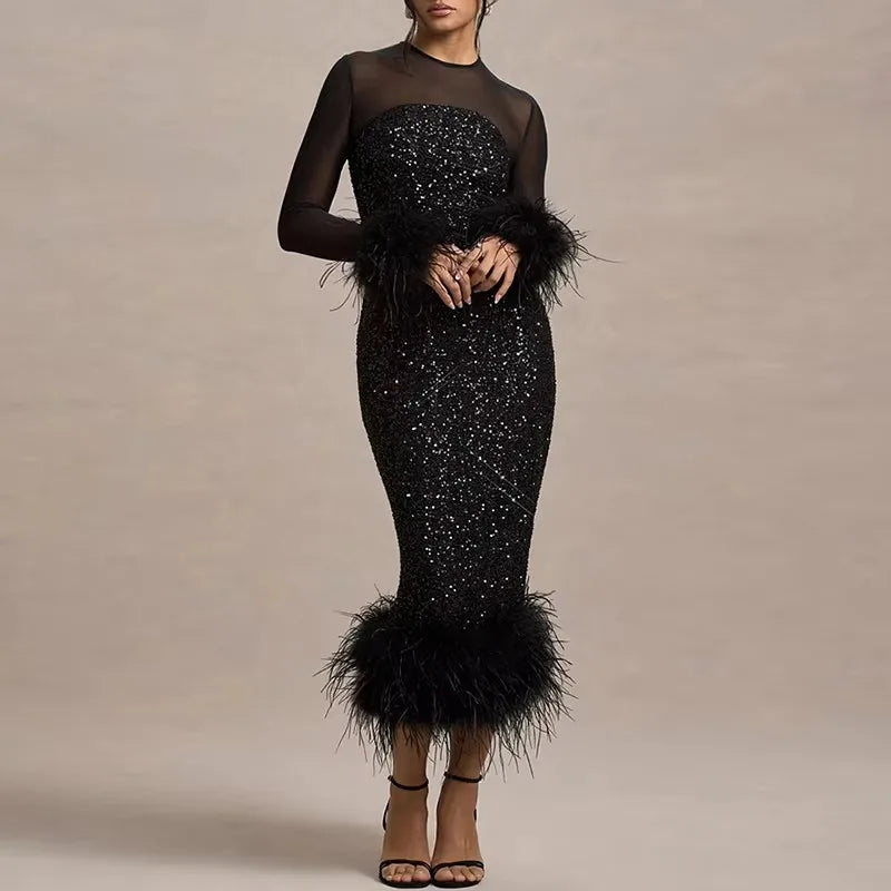 Spring Sequin Patchwork Mesh Party Dresses Women Sexy O Neck Button Hollow Long Dress Autumn Long Sleeve Feather Slim Hip Dress