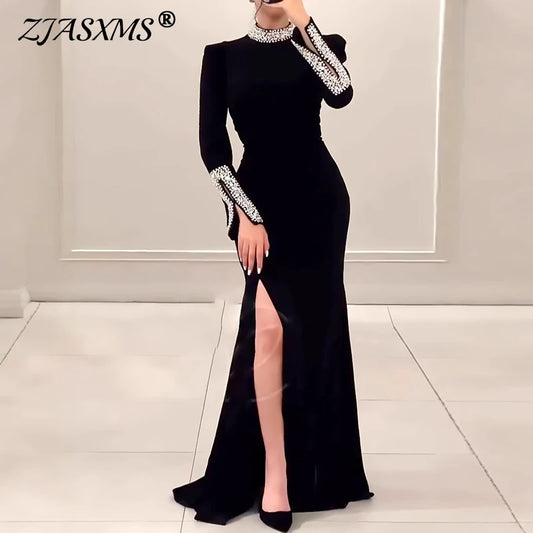 Women Fashion Round Neck Beading Long Dress Spring Solid Slim Fit Bodycon Hip Dress Autumn Long Sleeve Velvet Evening Maxi Dress