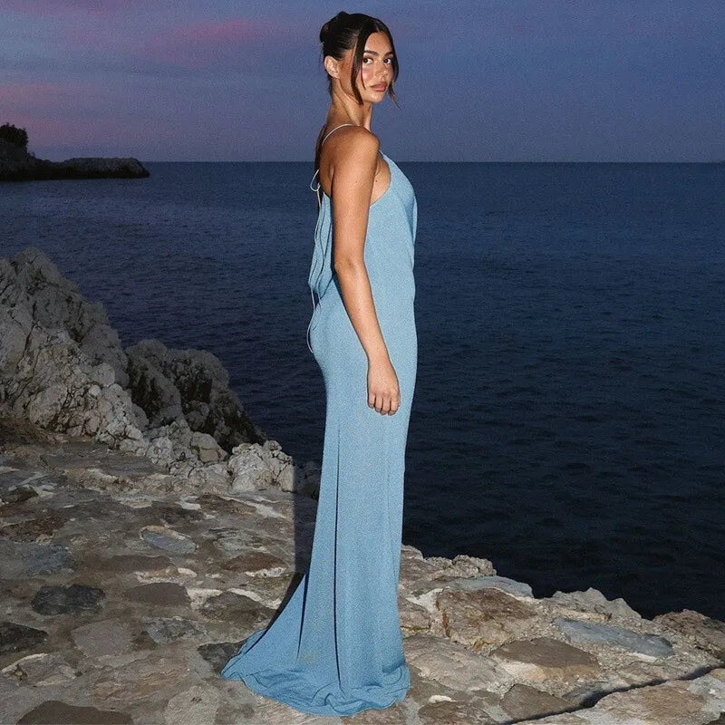 Mozision Halter Skew Collar Sexy Maxi Dress For Women Gown Hollow Out Strapless Sleeveless Backless Bodycon Club Long Dress
