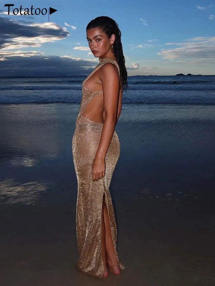 Totatoop Elegant Gold Glitter Tank Dress For Women 2024 Summer Sleeveless Slim Fit Vintage Party Long Dress Beach Robe Clothing