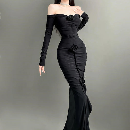 WhereMery Elegant Fashion Off Shoulder Dark Flower Ruffles Long Dress Gothic Slash Neck Long Sleeve Maxi Dresses For Women 2024