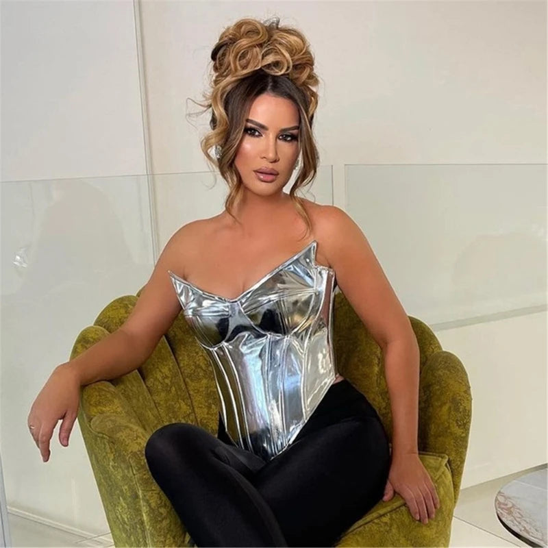 Elegant PU Leather Strapless Top with Golden Accents Sexy Camisole Sleeveless Top Suitable for Various Occasion