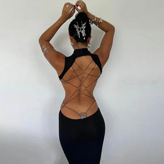 Sexy Backless Black Maxi Dresses For Women Summer Sleeveless Elegant Bodycon Halter Long Dress Casual Party Vestidos