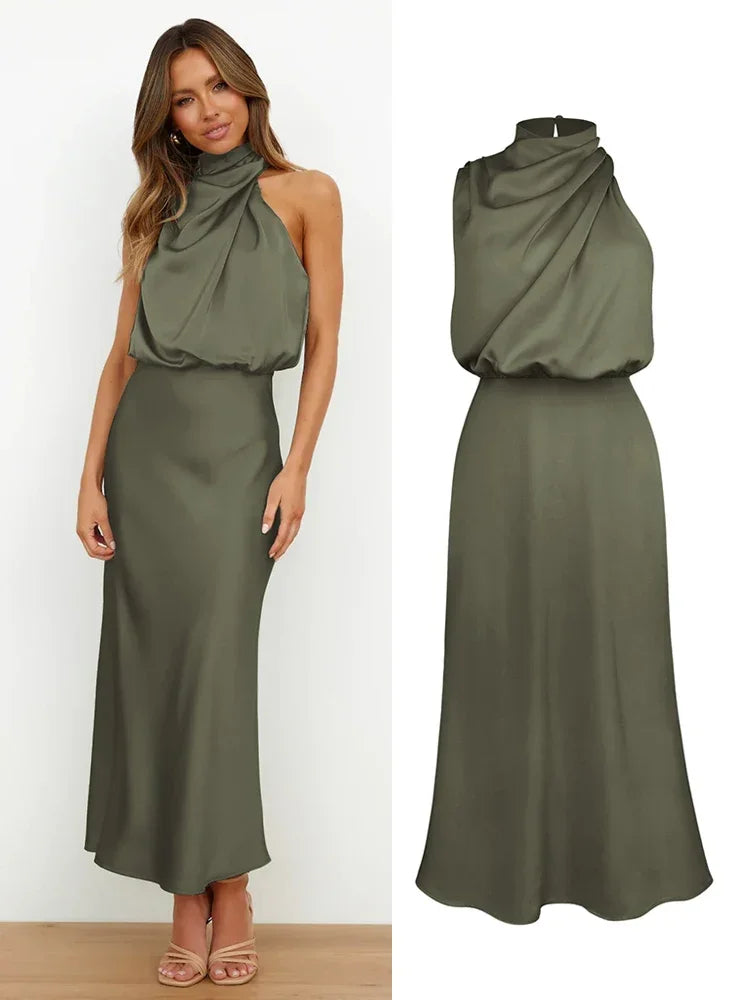 Summer Luxury Sleeveless Silk Satin Long Dress Women Elegant Off Shoulder Celebrity Evening Dress Partywear Lady Trumpet Dress