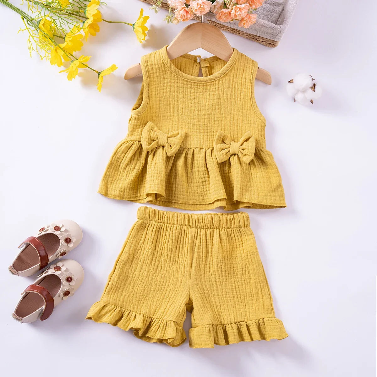 Cute Sleeveless Top Solid Color Shorts 2pcs Summer Girls Bow Tank Top Ruffle Shorts Cotton Comfort Fashion Set 0-5Y