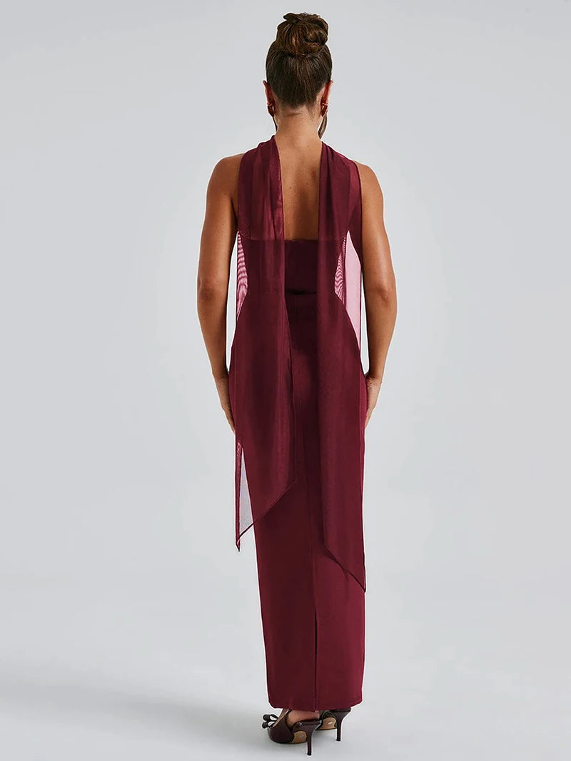 DGLUKE Elegant Strapless Long Dresses Woman Summer 2025 Sexy Ruched Bodycon Maxi Dress Burgundy Evening Party Dress With Gloves