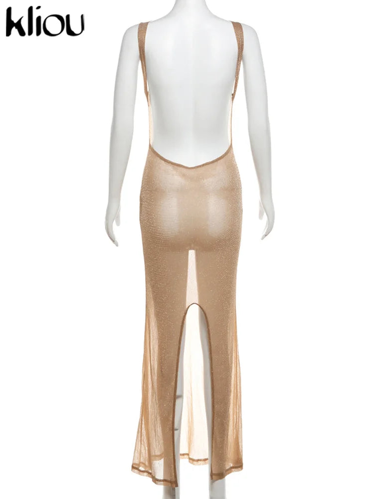 kliou Shiny Long Dress Stunning Women Solid Summer Thin Mesh Sheer Backless Sleeveless Bodycon Female Elegant Fashion Vestidos
