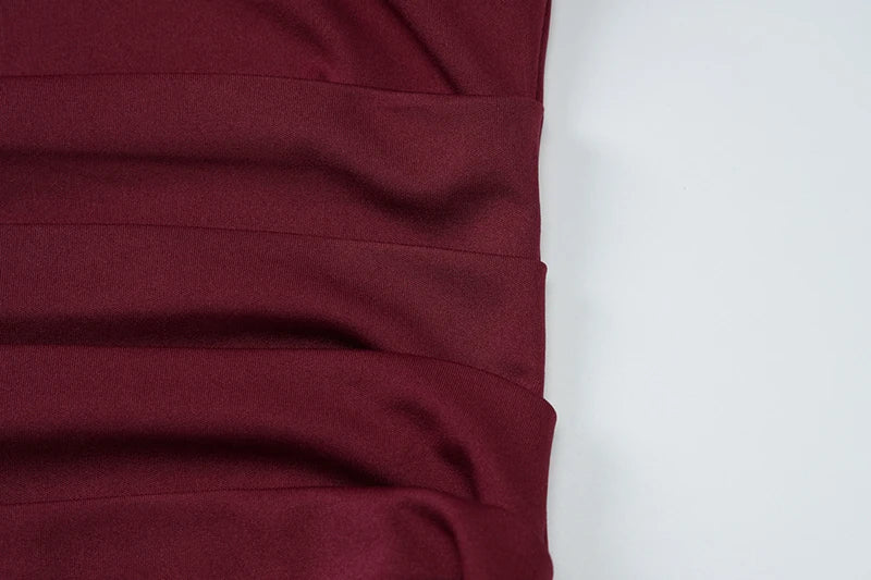 DGLUKE Elegant Strapless Long Dresses Woman Summer 2025 Sexy Ruched Bodycon Maxi Dress Burgundy Evening Party Dress With Gloves