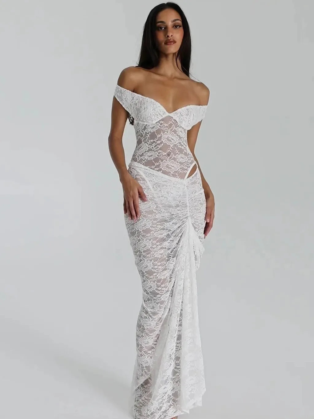 Articat Sexy Lace Deep V Sleeveless Slim Dress Women Perspective Tight Split Backless Charming Long Dress Party Holiday Beach