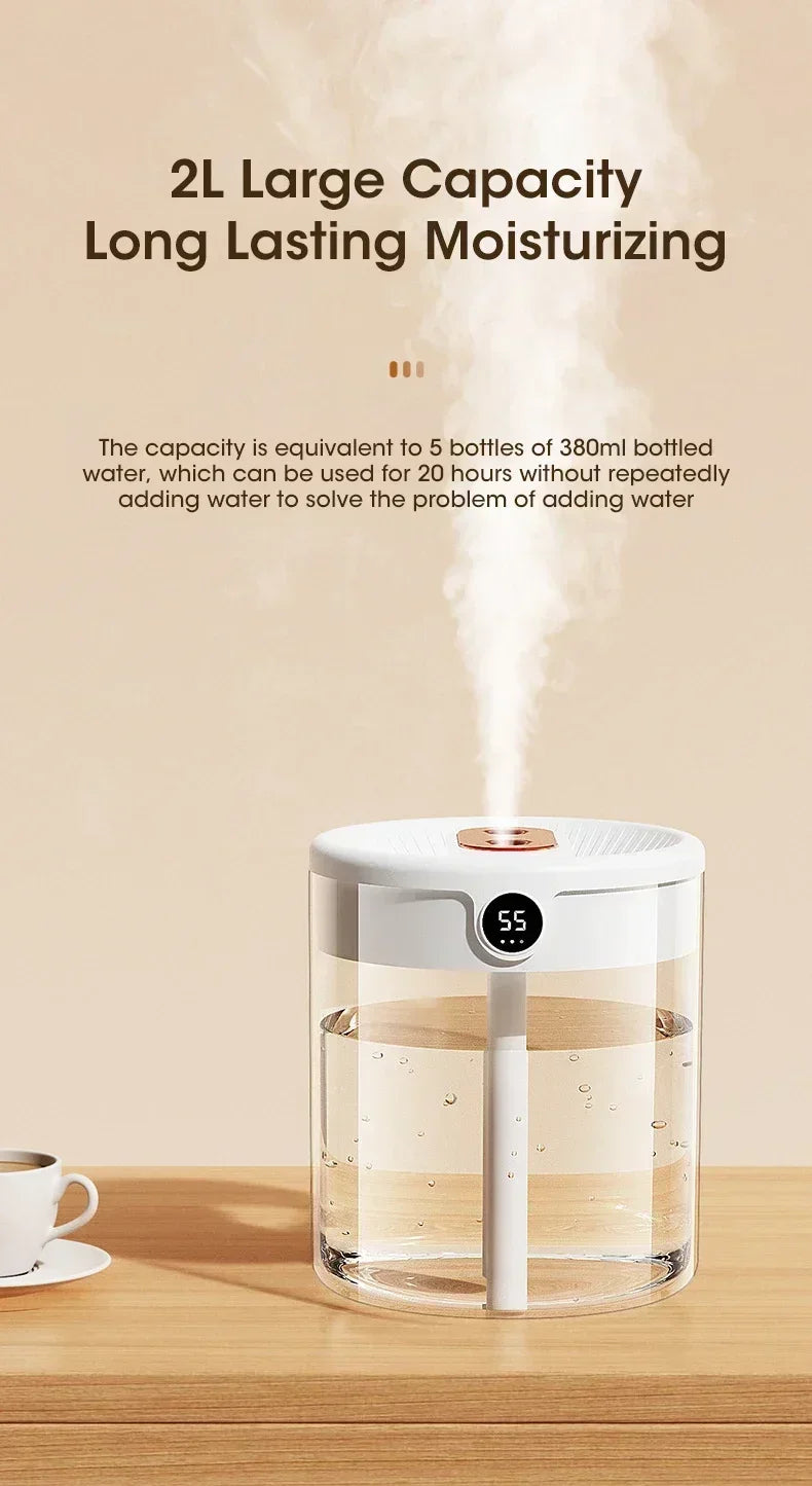 2LDouble Nozzle Air Humidifier with LCD Humidity Display Large Capacity Aroma Essential Oil Diffuser for Bedroom Mist Sprayer