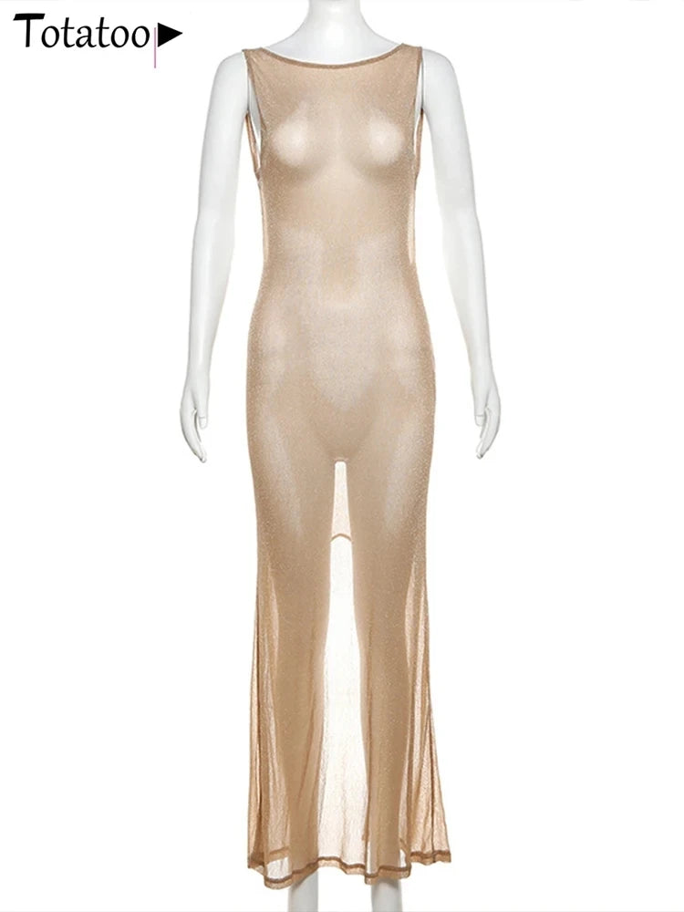 Totatoop Elegant Gold Glitter Tank Dress For Women 2024 Summer Sleeveless Slim Fit Vintage Party Long Dress Beach Robe Clothing