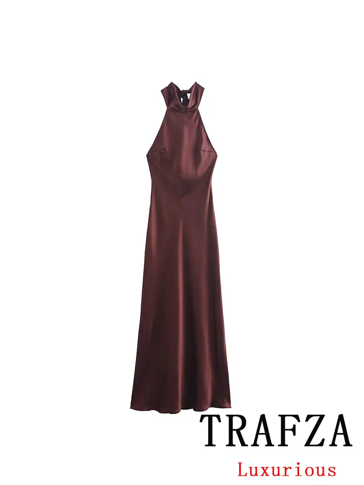 TRAFZA Vintage Casual Chic Solid Women Dress Halter Zipper Beach Long Dress Fashion 2024 Autumn Winter Boho Party Female Dress