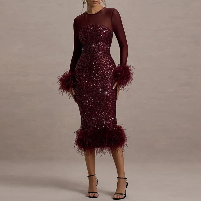 Spring Sequin Patchwork Mesh Party Dresses Women Sexy O Neck Button Hollow Long Dress Autumn Long Sleeve Feather Slim Hip Dress