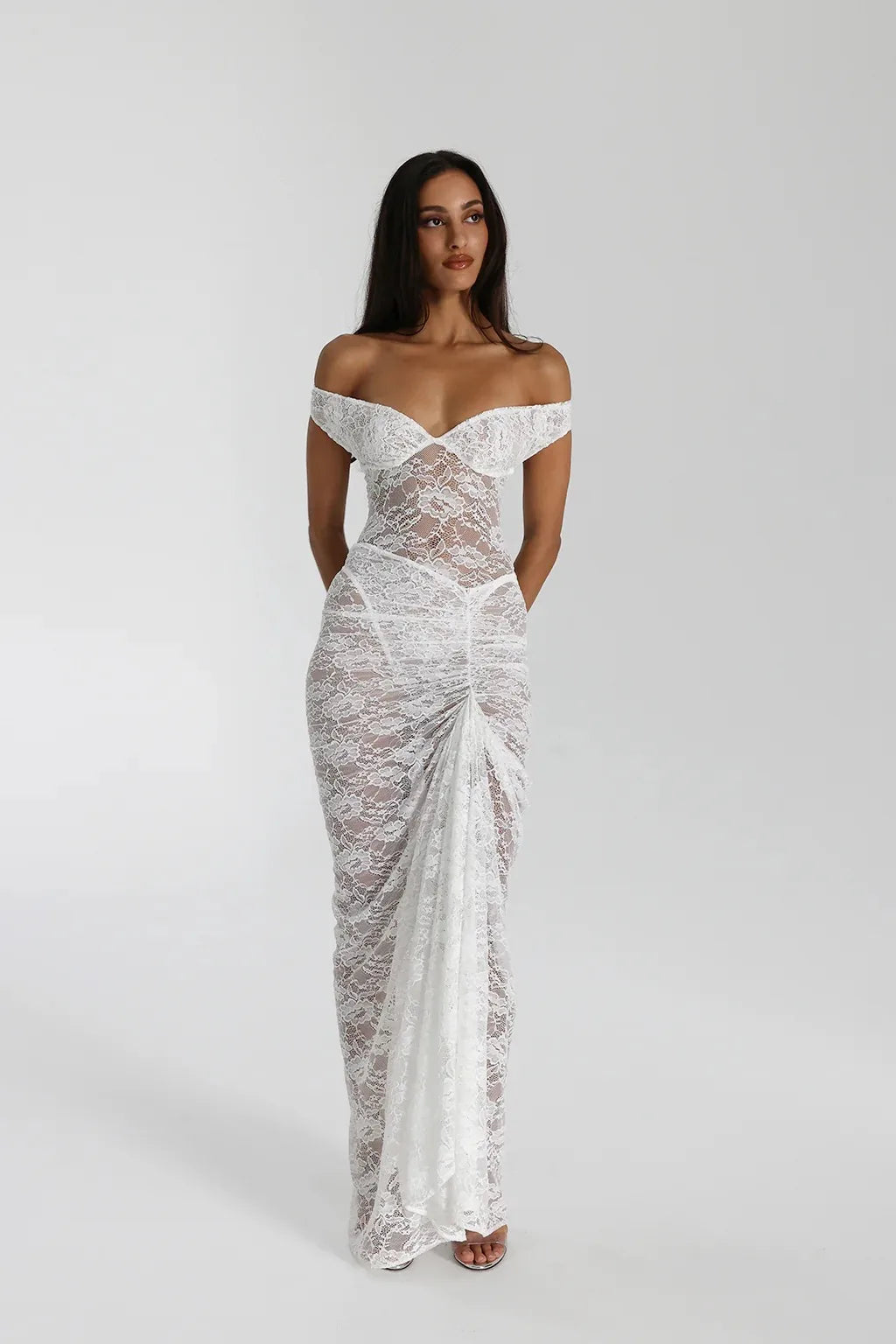 Articat Sexy Lace Deep V Sleeveless Slim Dress Women Perspective Tight Split Backless Charming Long Dress Party Holiday Beach