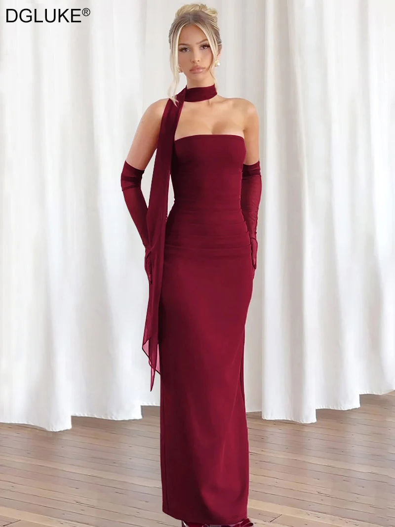 DGLUKE Elegant Strapless Long Dresses Woman Summer 2025 Sexy Ruched Bodycon Maxi Dress Burgundy Evening Party Dress With Gloves
