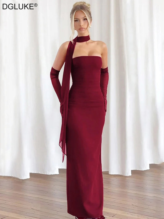 DGLUKE Elegant Strapless Long Dresses Woman Summer 2025 Sexy Ruched Bodycon Maxi Dress Burgundy Evening Party Dress With Gloves