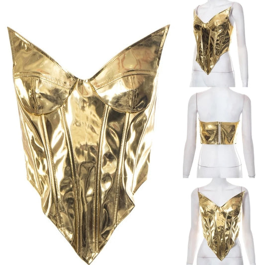 Elegant PU Leather Strapless Top with Golden Accents Sexy Camisole Sleeveless Top Suitable for Various Occasion