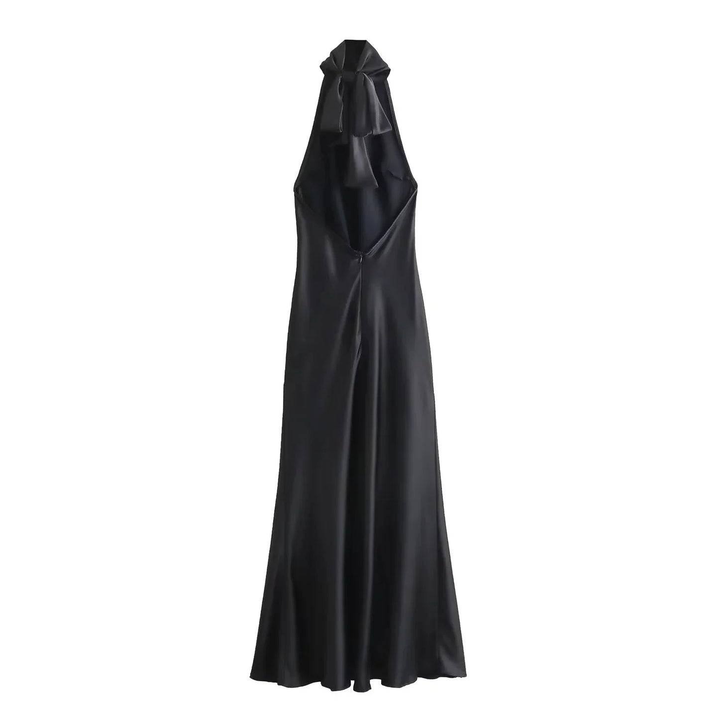 TRAFZA Vintage Casual Chic Solid Women Dress Halter Zipper Beach Long Dress Fashion 2024 Autumn Winter Boho Party Female Dress