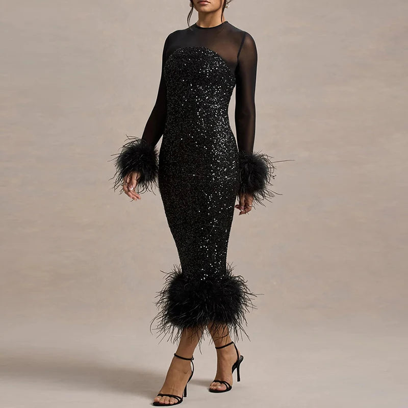 Spring Sequin Patchwork Mesh Party Dresses Women Sexy O Neck Button Hollow Long Dress Autumn Long Sleeve Feather Slim Hip Dress