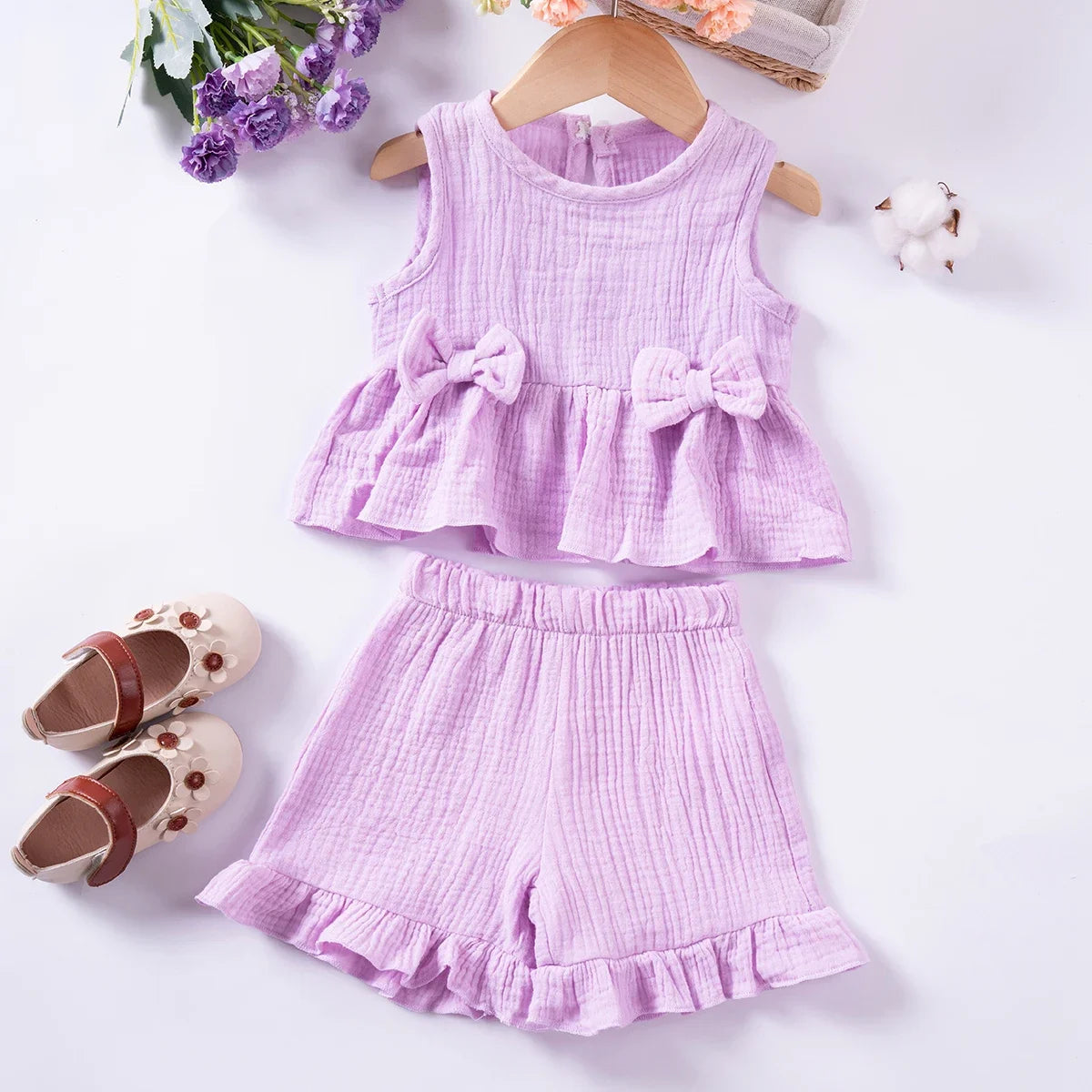 Cute Sleeveless Top Solid Color Shorts 2pcs Summer Girls Bow Tank Top Ruffle Shorts Cotton Comfort Fashion Set 0-5Y