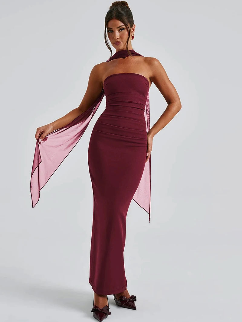 DGLUKE Elegant Strapless Long Dresses Woman Summer 2025 Sexy Ruched Bodycon Maxi Dress Burgundy Evening Party Dress With Gloves
