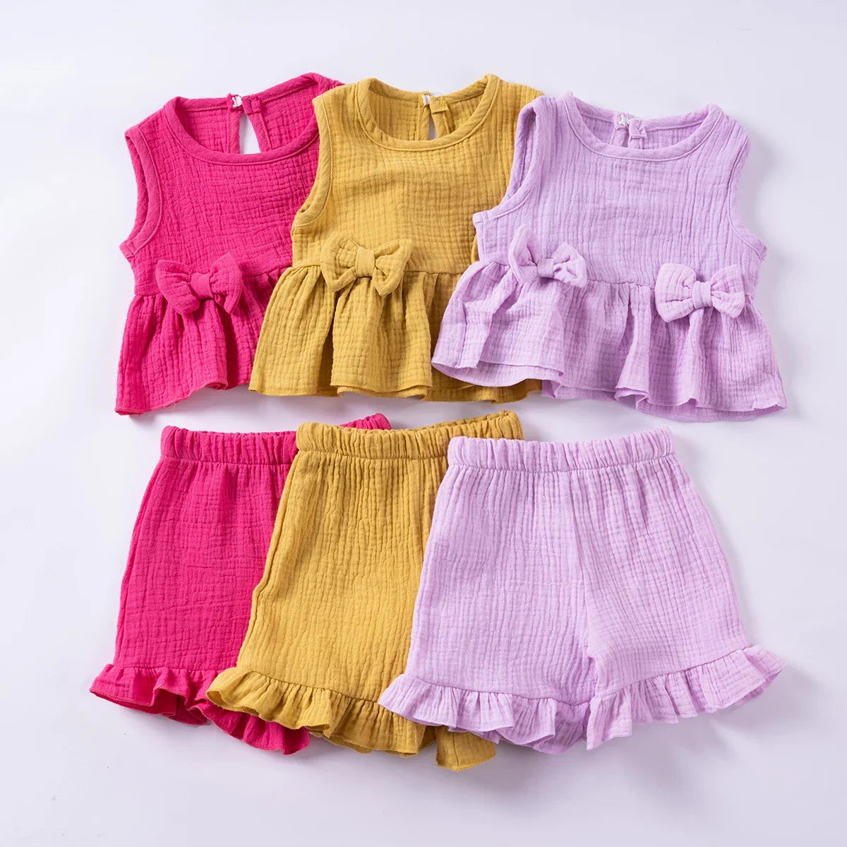 Cute Sleeveless Top Solid Color Shorts 2pcs Summer Girls Bow Tank Top Ruffle Shorts Cotton Comfort Fashion Set 0-5Y