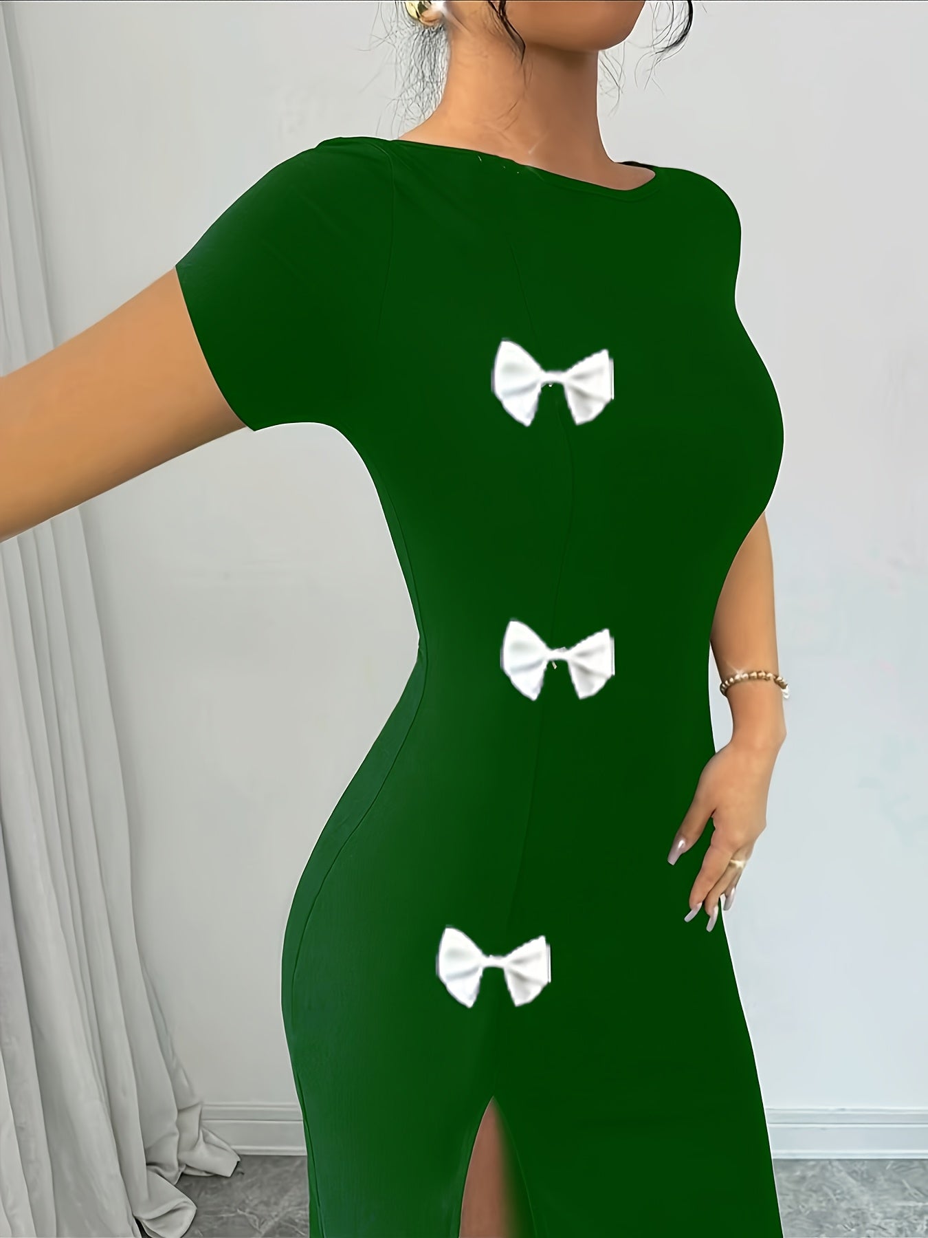 Women's Elegant Black Bow Detail Slim-Fit Bodycon Dress - Short Sleeve Round Neck with High Slit & Hip Wrap, Machine Washable Spring/Summer Formal Attire for Weddings, Parties, Casual Outings, Chic Dress