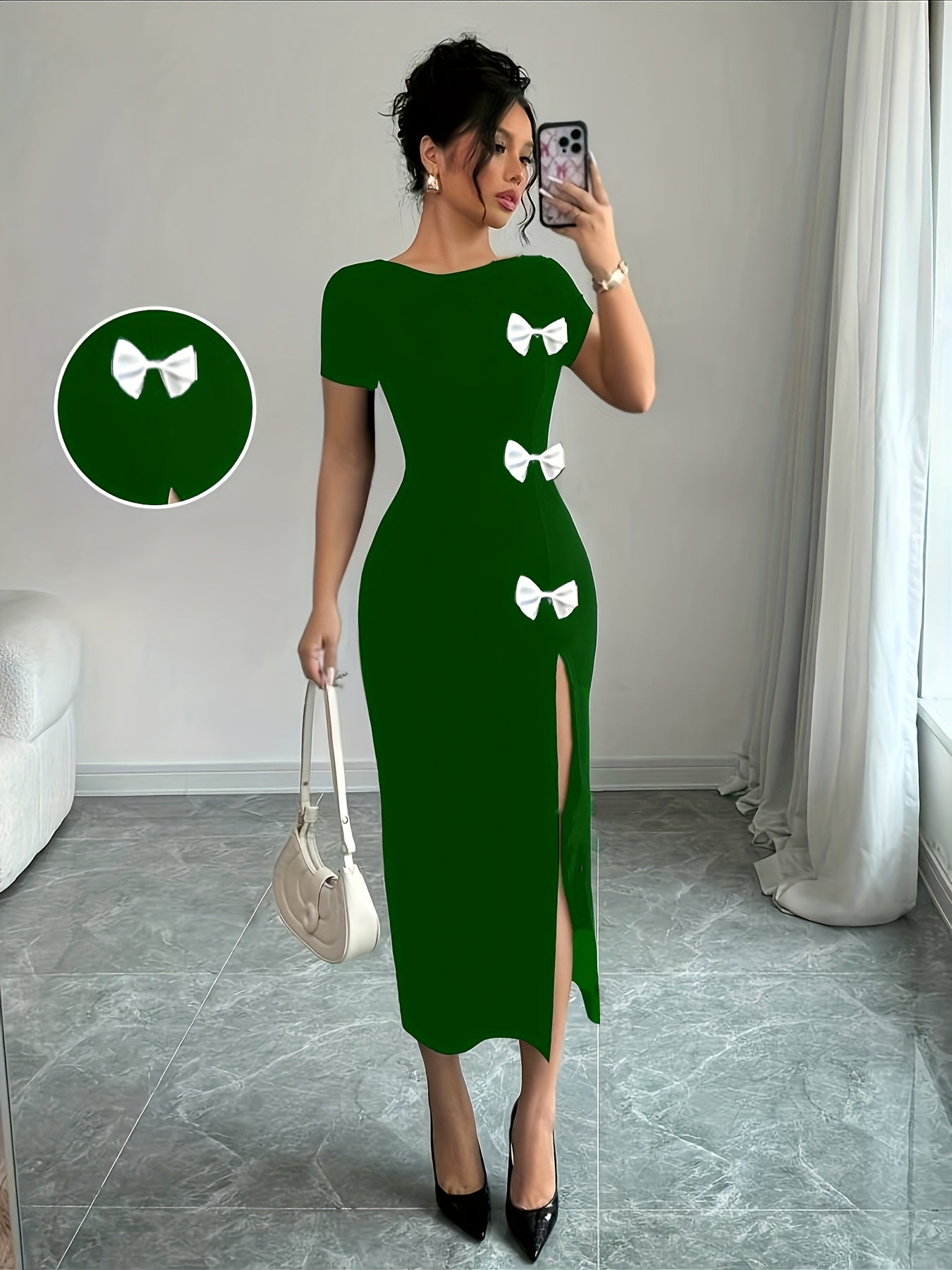 Women's Elegant Black Bow Detail Slim-Fit Bodycon Dress - Short Sleeve Round Neck with High Slit & Hip Wrap, Machine Washable Spring/Summer Formal Attire for Weddings, Parties, Casual Outings, Chic Dress