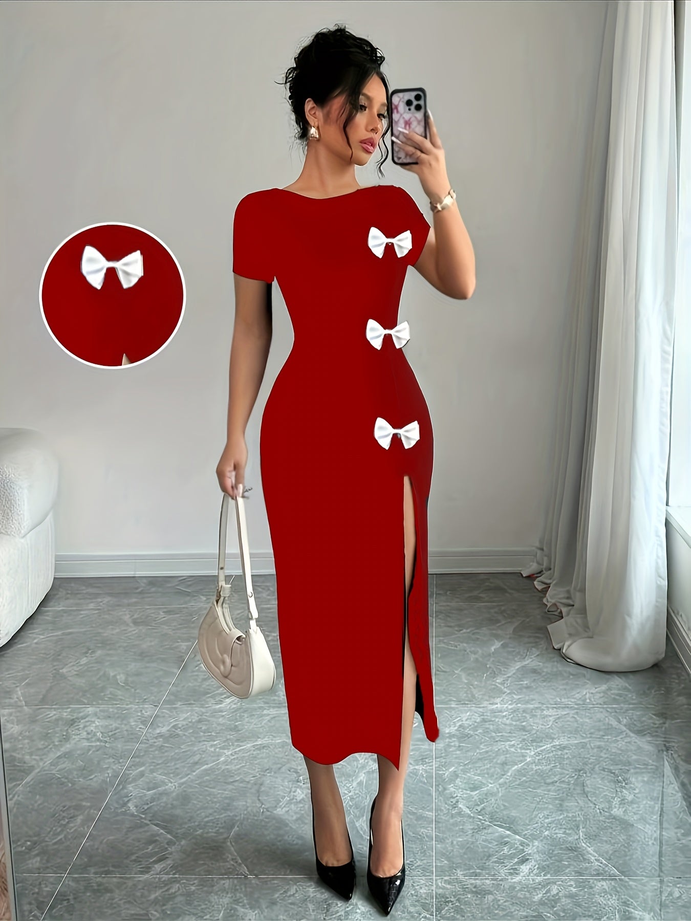 Women's Elegant Black Bow Detail Slim-Fit Bodycon Dress - Short Sleeve Round Neck with High Slit & Hip Wrap, Machine Washable Spring/Summer Formal Attire for Weddings, Parties, Casual Outings, Chic Dress