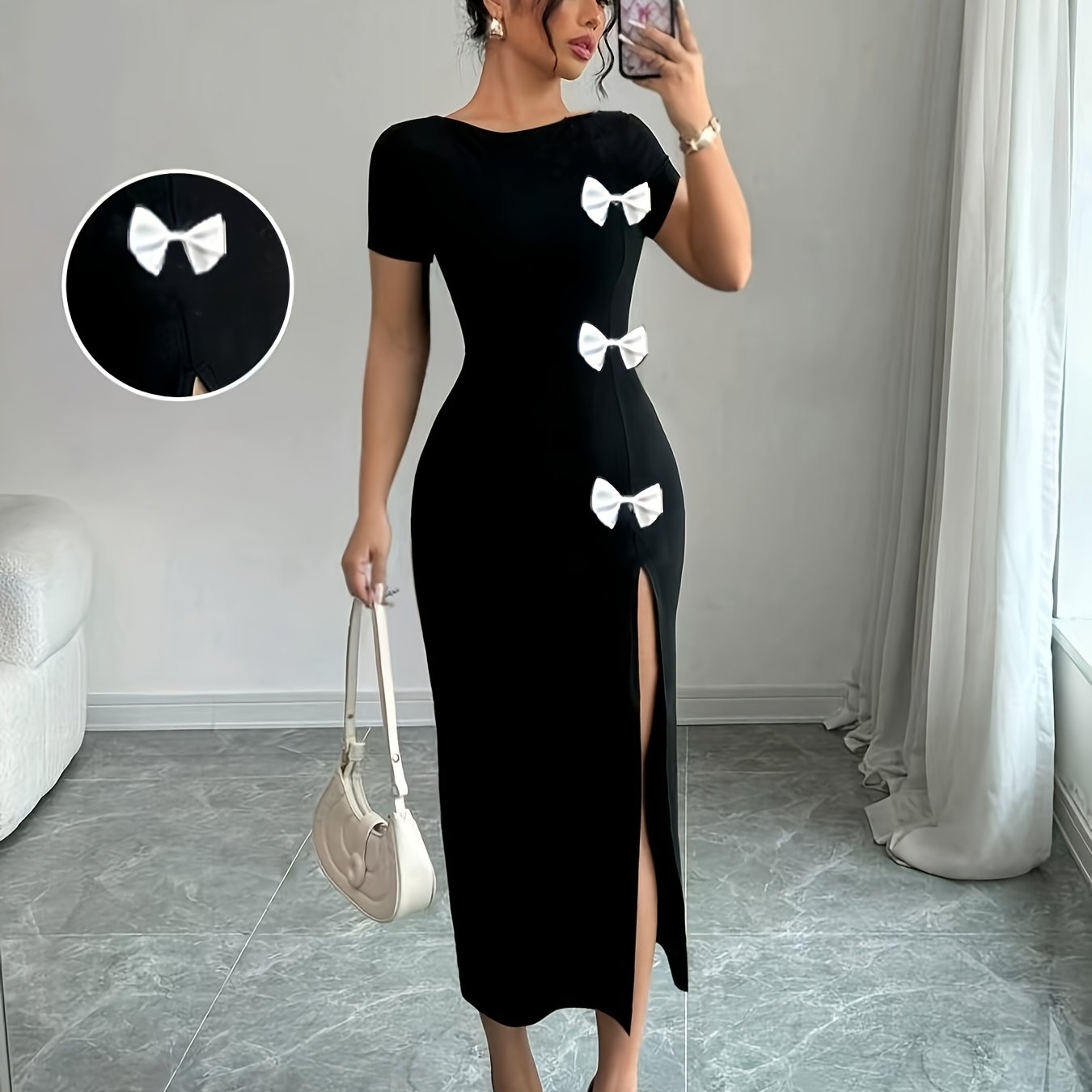 Women's Elegant Black Bow Detail Slim-Fit Bodycon Dress - Short Sleeve Round Neck with High Slit & Hip Wrap, Machine Washable Spring/Summer Formal Attire for Weddings, Parties, Casual Outings, Chic Dress