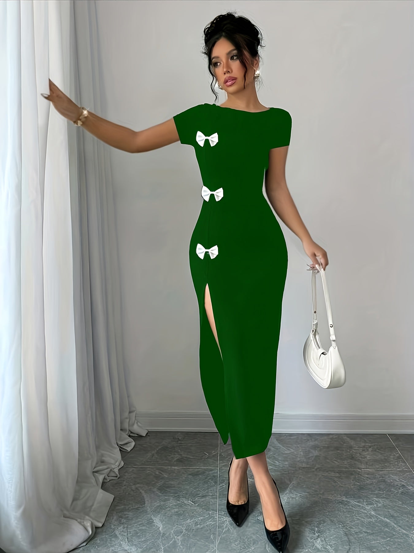 Women's Elegant Black Bow Detail Slim-Fit Bodycon Dress - Short Sleeve Round Neck with High Slit & Hip Wrap, Machine Washable Spring/Summer Formal Attire for Weddings, Parties, Casual Outings, Chic Dress